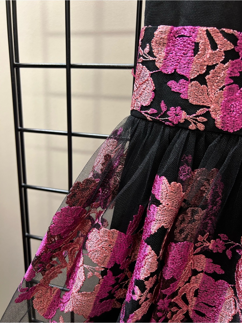 Christian Siriano Midi Dress with Pink Floral Embroidery on Black Tulle - Picture 4 of 11
